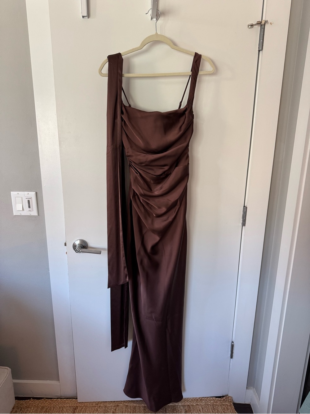 Elegant Brown Satin Ruched Evening Dress